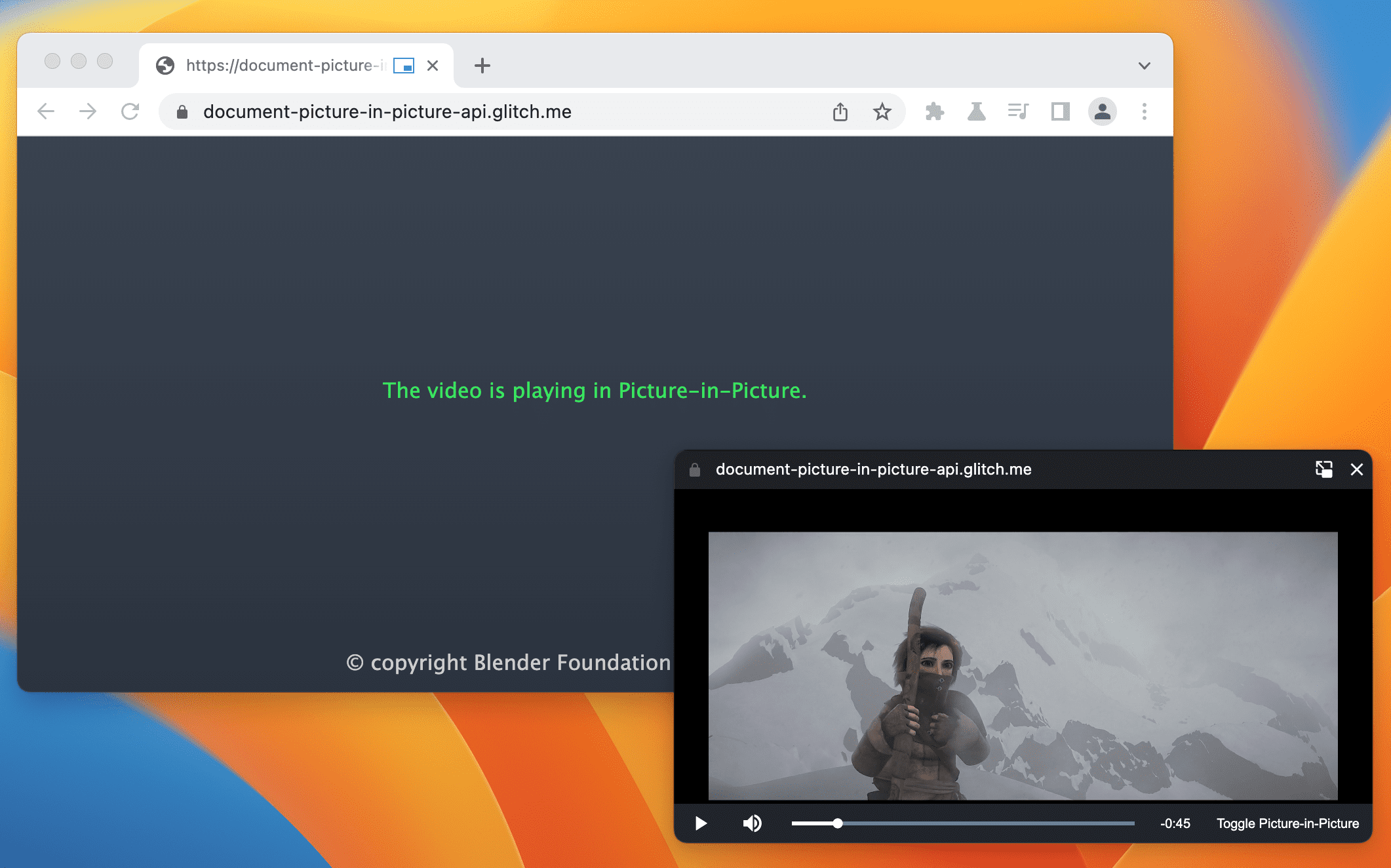 Jendela Picture-in-Picture yang memutar video trailer Sintel.