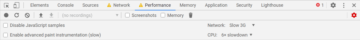 DevTools में परफ़ॉर्मेंस पैनल की कैप्चर सेटिंग. इसमें सीपीयू थ्रॉटलिंग ड्रॉपडाउन को चुना गया है, ताकि कम पावर वाले हार्डवेयर को छह गुना धीमा करके सिम्युलेट किया जा सके.
