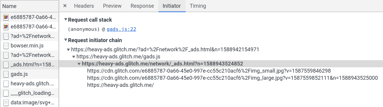 DevTools में मौजूद Initiator टैब, किसी विज्ञापन फ़्रेम से ट्रिगर किए गए संसाधन अनुरोधों का क्रम दिखाता है.