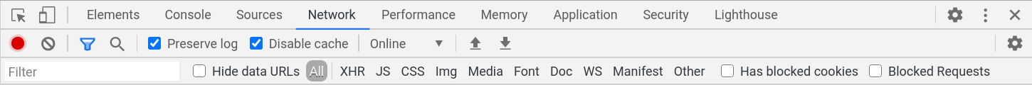 Chrome DevTools में मौजूद नेटवर्क पैनल में, रिकॉर्ड की गई नेटवर्क गतिविधि दिख रही है. इसमें 'कैश मेमोरी बंद करें' विकल्प चालू है.