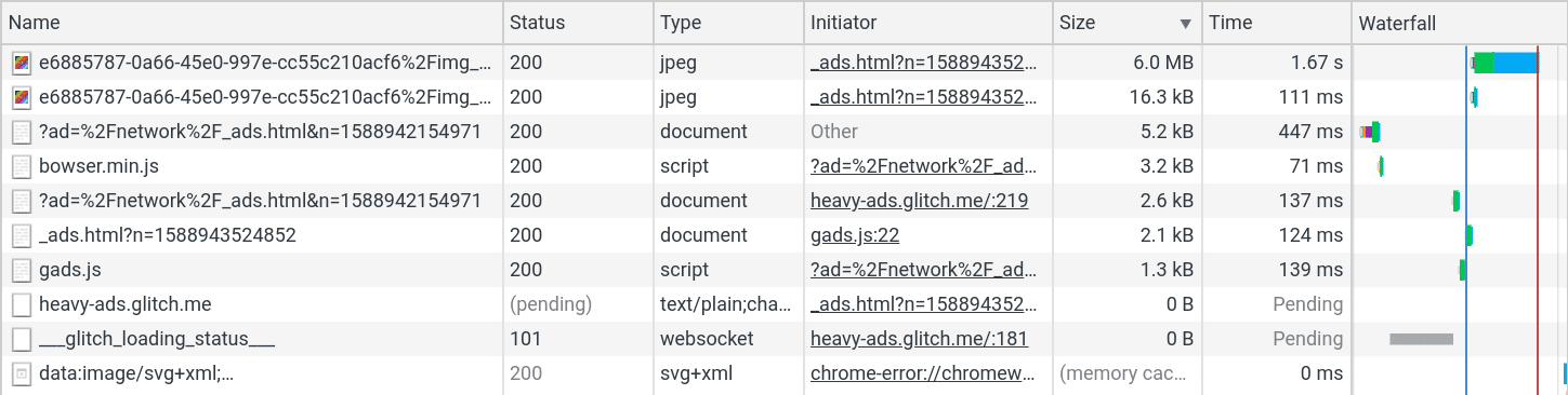 DevTools के नेटवर्क पैनल की सूची को जवाब के साइज़ के हिसाब से क्रम में लगाया गया है, ताकि बड़ी और ऑप्टिमाइज़ न की गई मीडिया फ़ाइलों का पता लगाया जा सके.