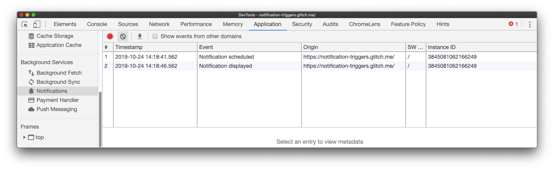 Um evento de notificação exibido foi registrado no painel "Notificações" do Chrome DevTools.