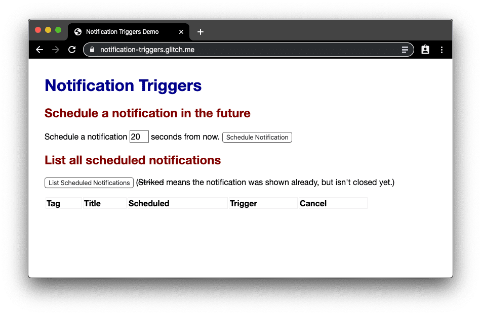 L'app web demo Notification Triggers.