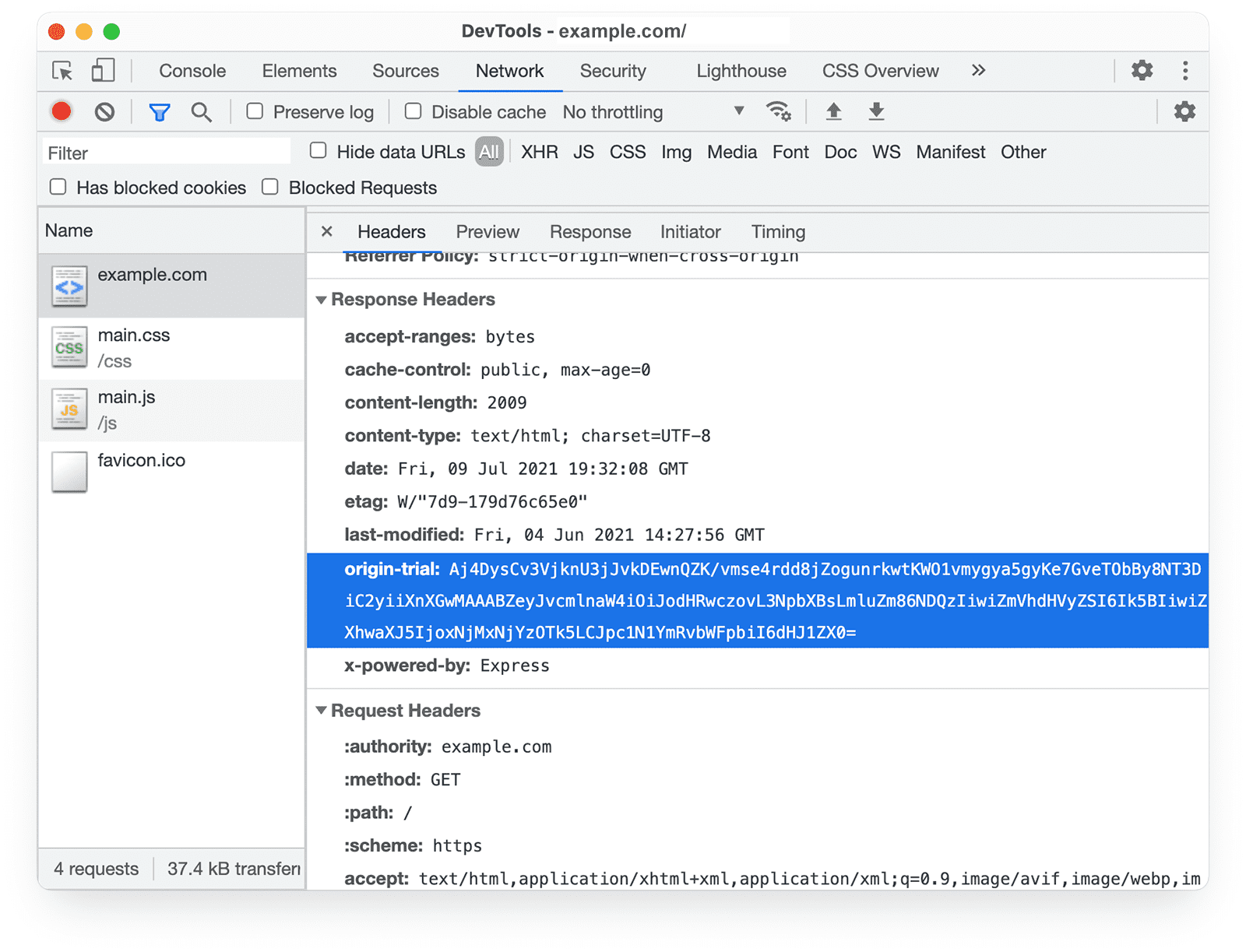 Panneau "Network" (Réseau) de Chrome DevTools affichant l'en-tête de réponse des tests d'origine.