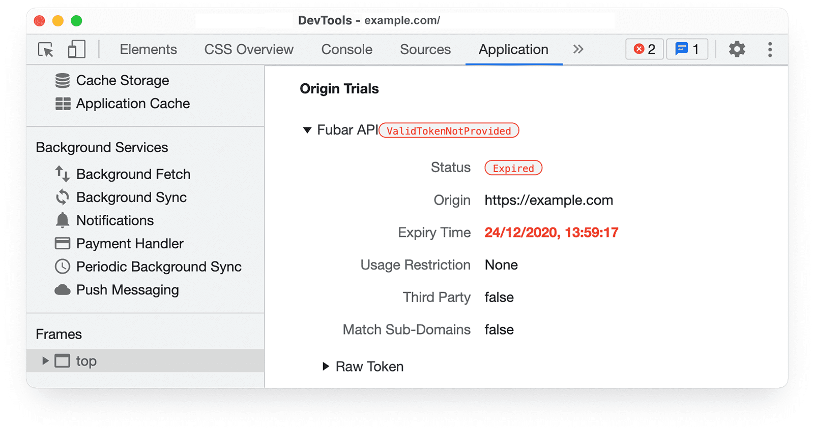 Informations sur les essais d'origine dans le panneau "Application" des outils pour les développeurs Chrome, indiquant ValidTokenNotProvided et Status Expired