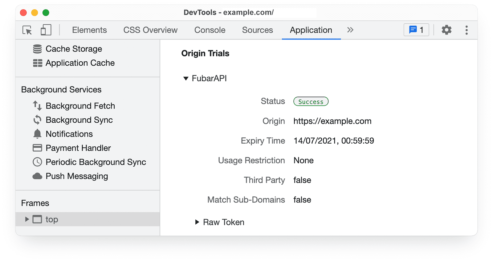 מידע על ניסויים במקור ב-Chrome DevTools בחלונית 'אפליקציה'.