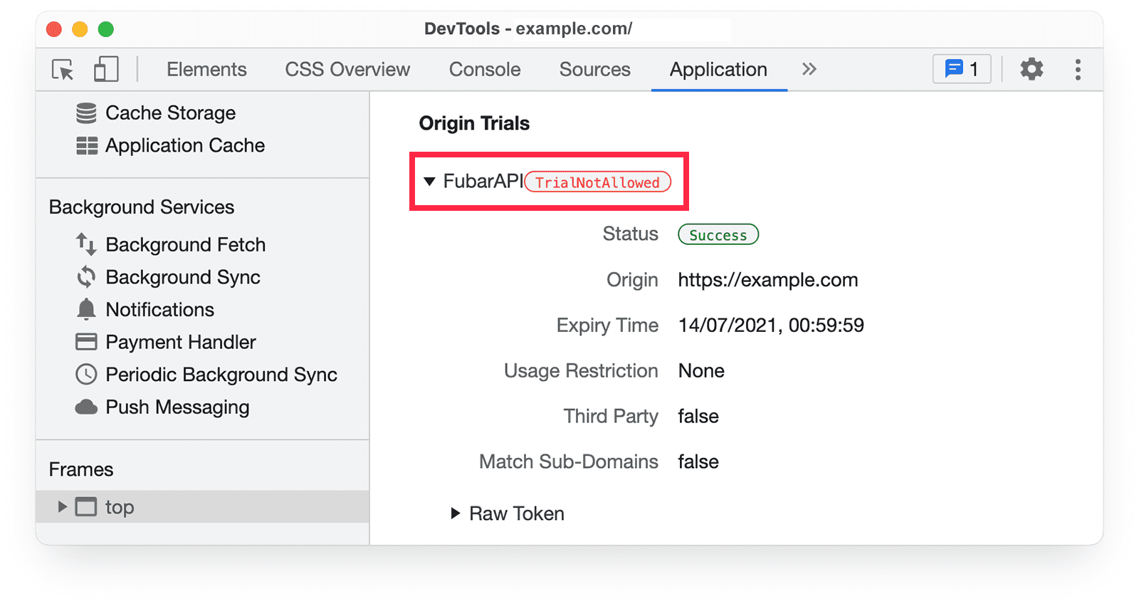 Informations sur les phases d'évaluation d'origine dans les outils pour les développeurs Chrome, dans le panneau "Application", avec l'avertissement "TrialNotAllowed" (Phase d'évaluation non autorisée).