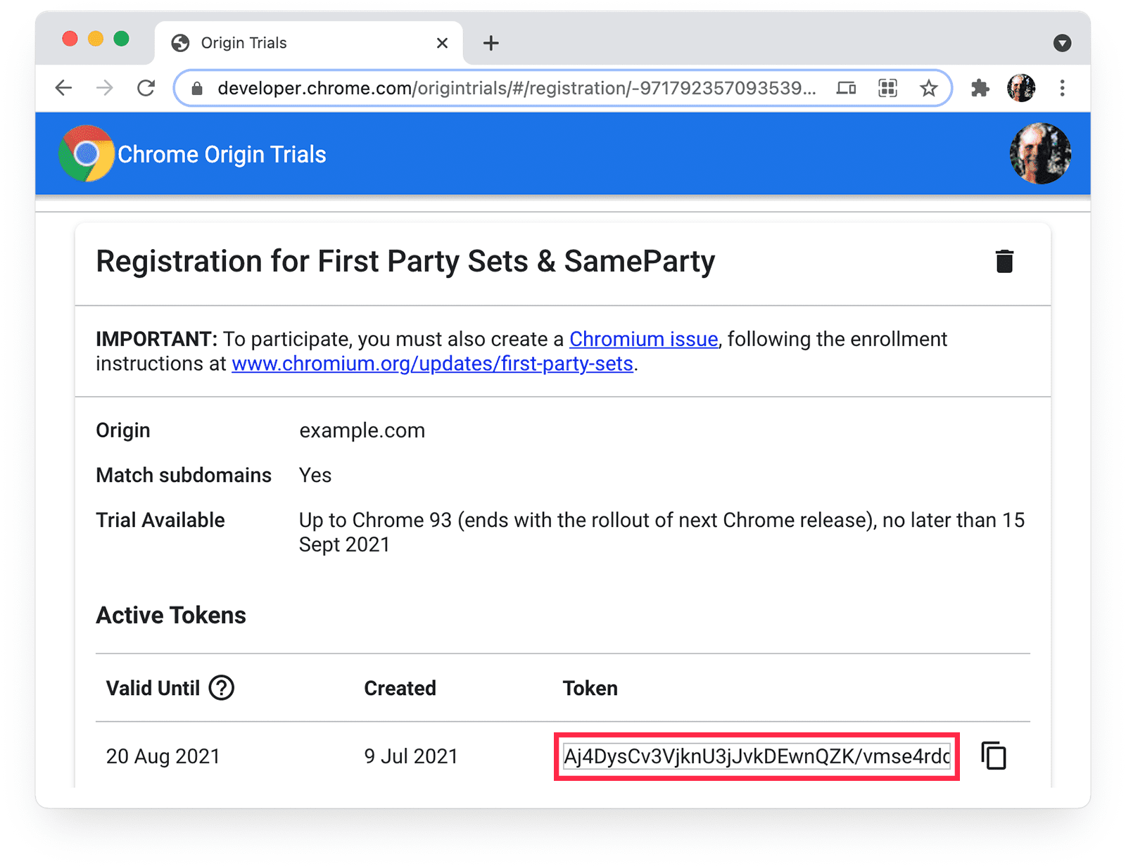 टोकन वैल्यू दिखाने वाला Chrome Origin Trials पेज.