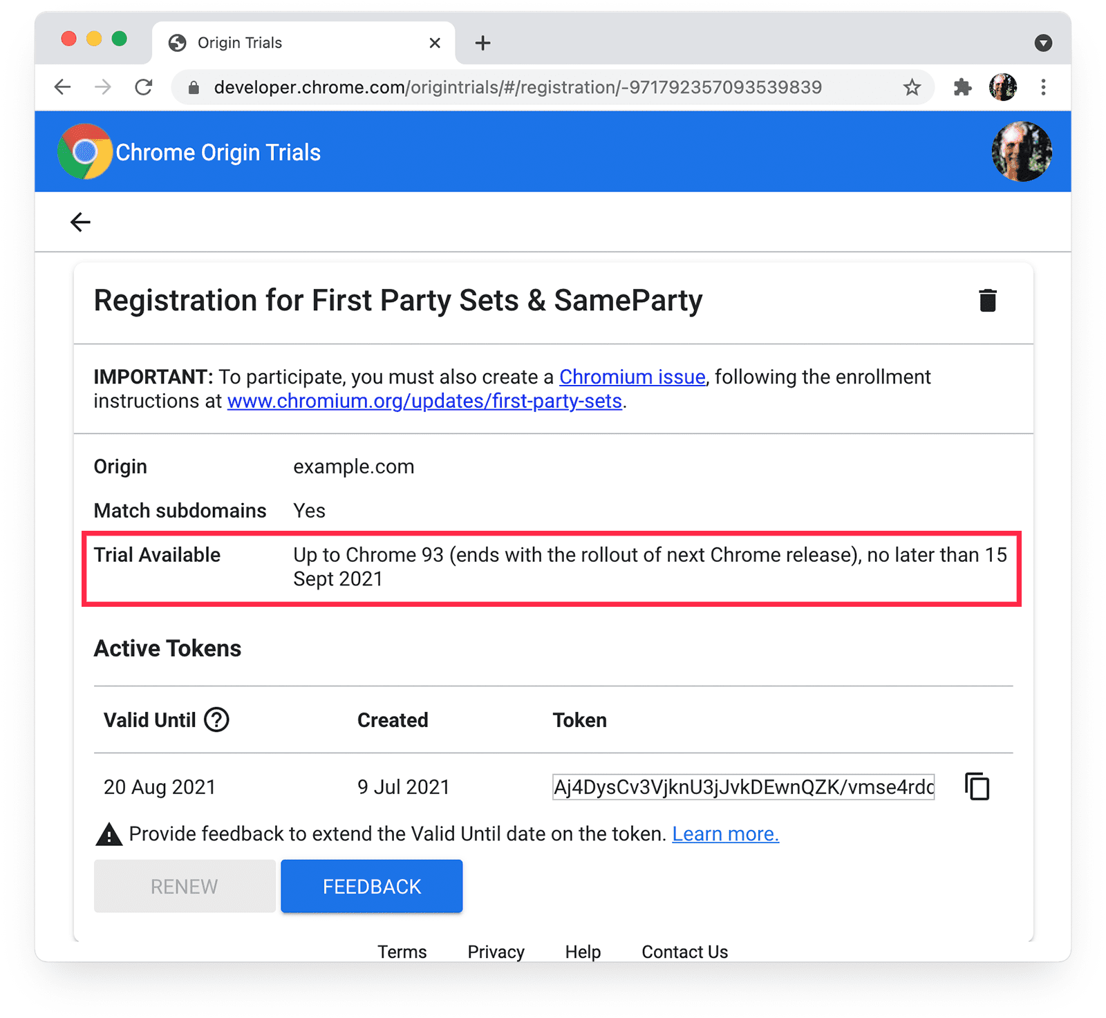Page des phases d'évaluation d'origine Chrome pour les ensembles propriétaires et SameParty, avec les informations sur la phase d'évaluation disponible en surbrillance.