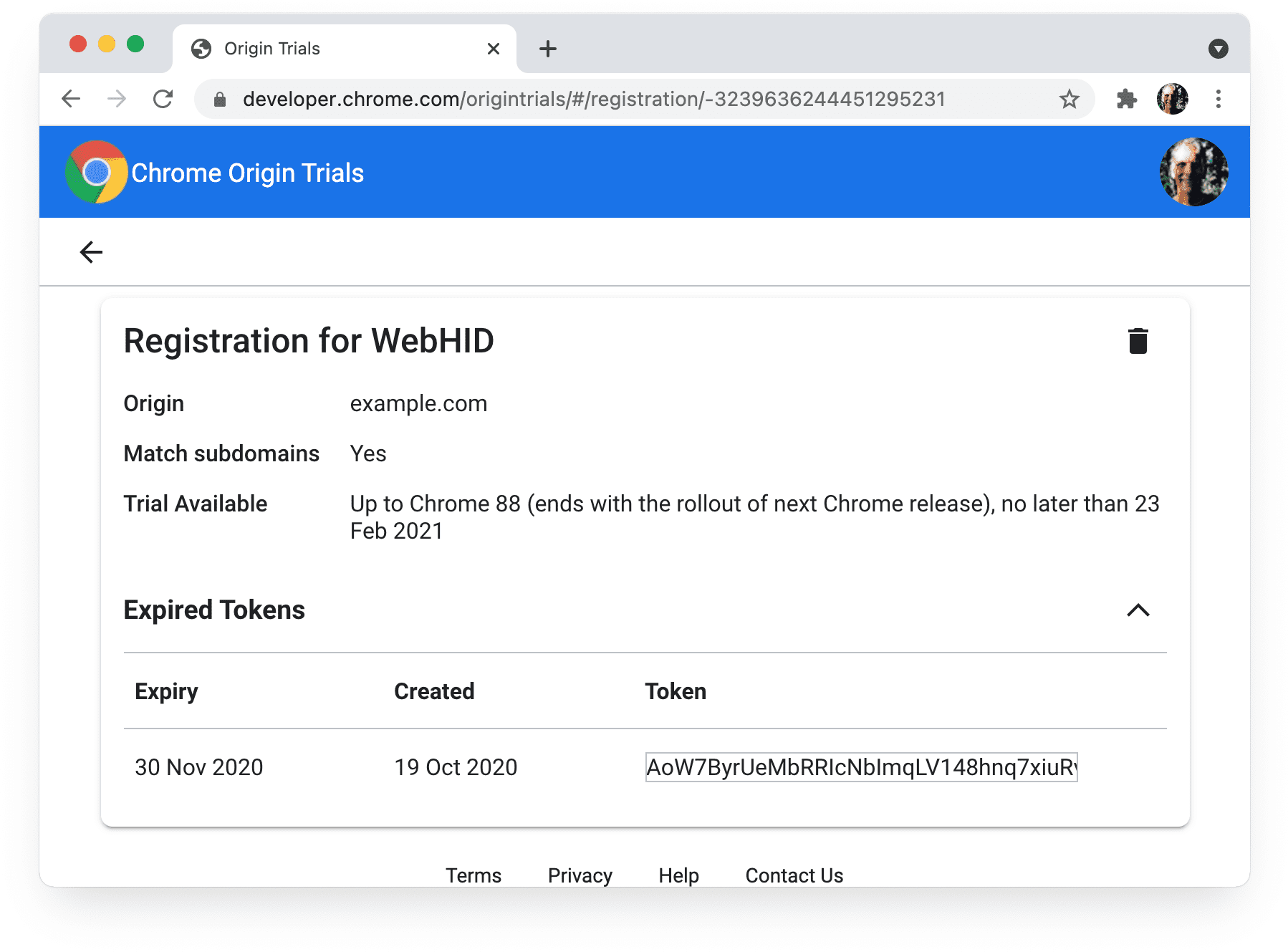 Page "Mes inscriptions" des phases d'évaluation de l'origine Chrome affichant les jetons expirés.
