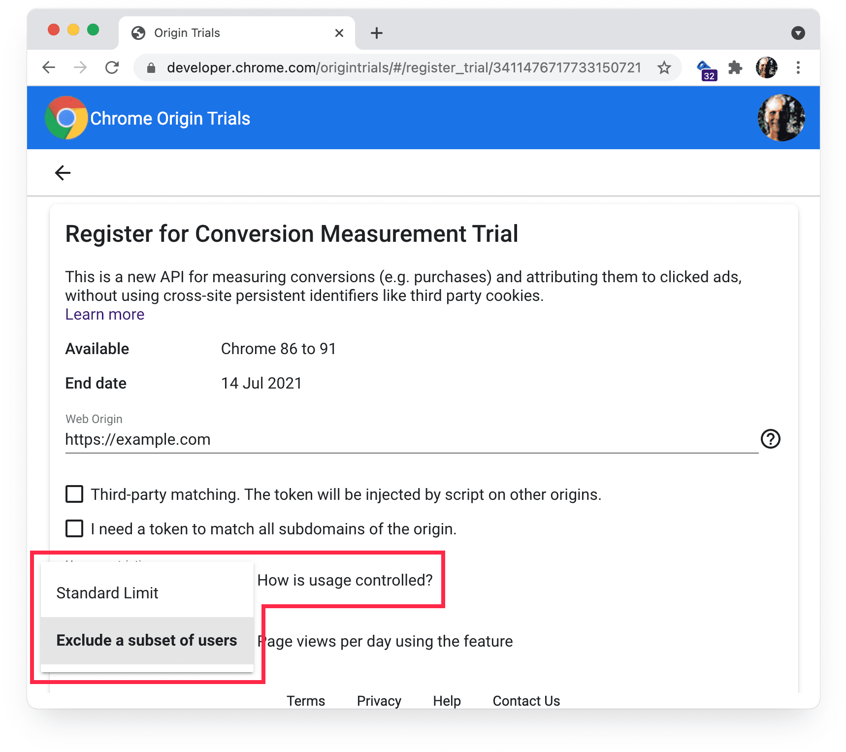 Page d'inscription aux phases d'évaluation de la fonctionnalité Origin Trials de Chrome affichant les restrictions d'utilisation.