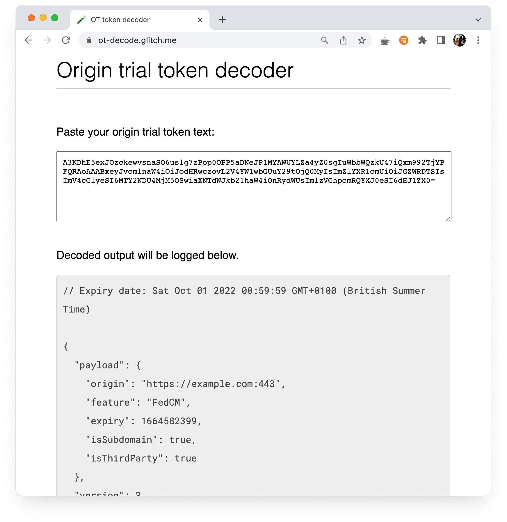 Tool zum Decodieren von Origin Trials mit decodierten Origin Trial-Werten.