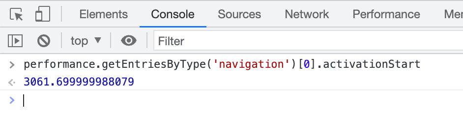 Bảng điều khiển trong Chrome DevTools cho thấy một activationStart dương cho biết trang đã được kết xuất trước