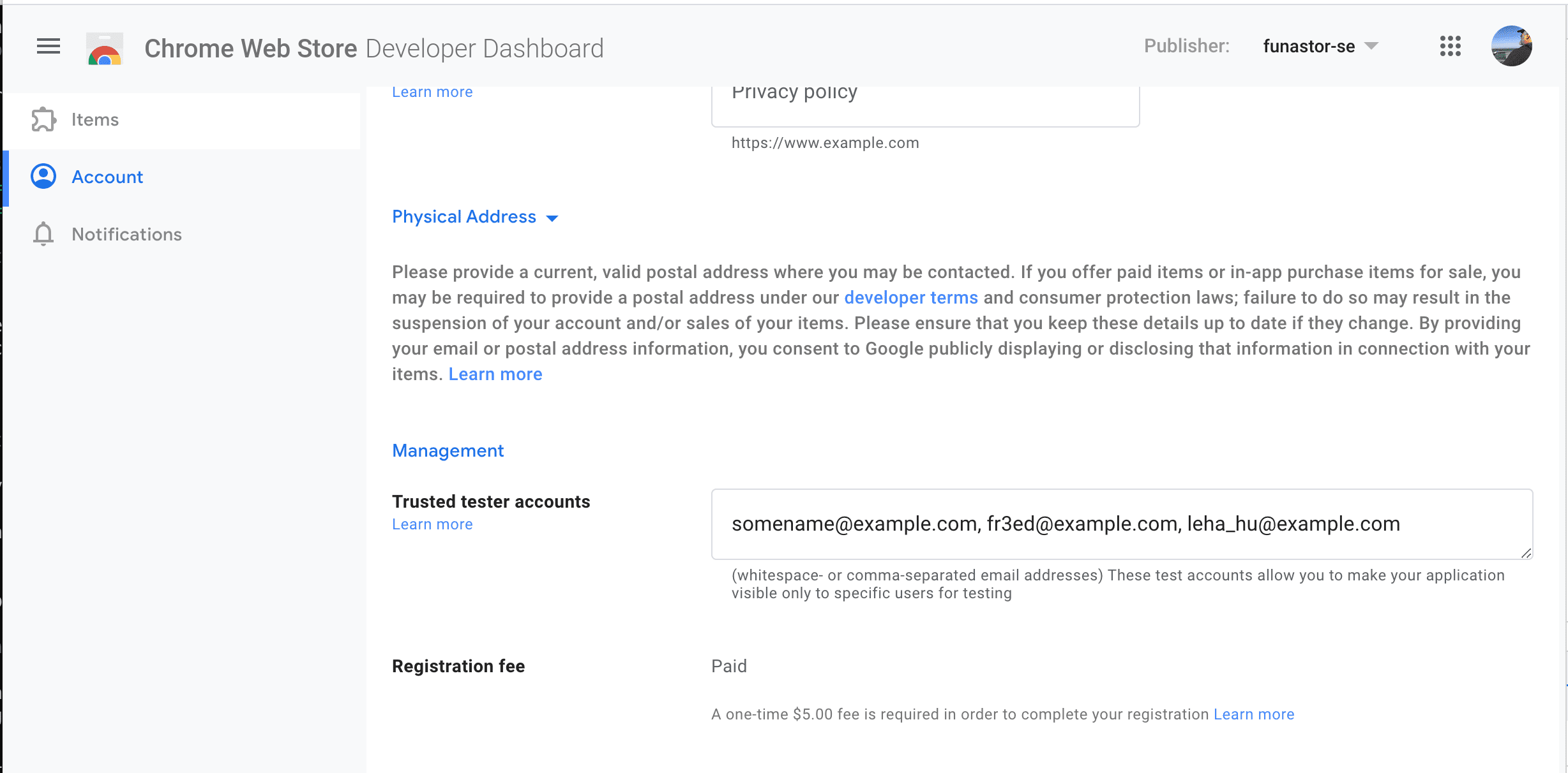 Capture d'écran illustrant la liste des comptes des testeurs de confiance sur une page de compte de développeur Chrome Web Store