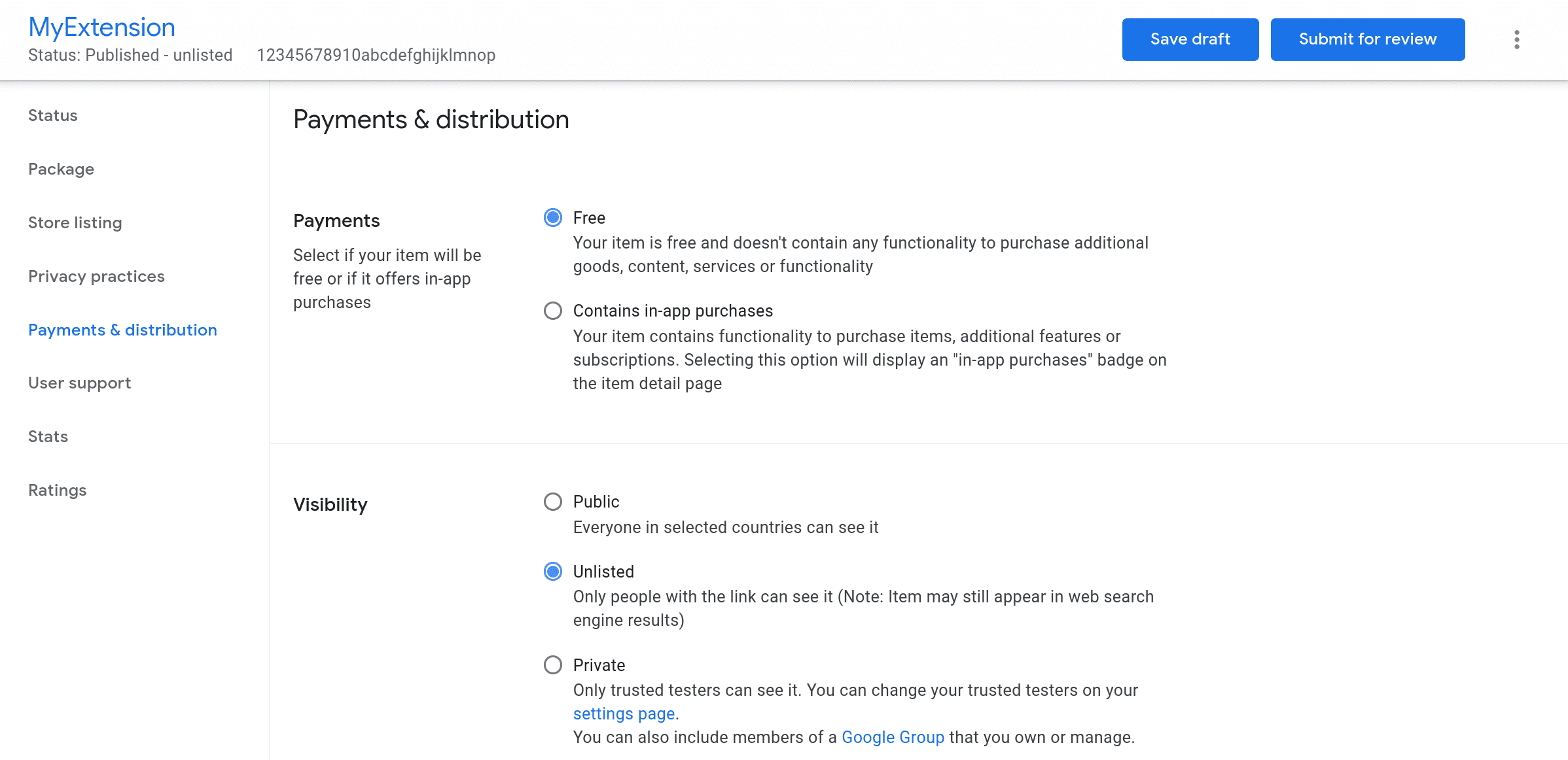 Capture d'écran de la page de paiement et de distribution du Chrome Web Store