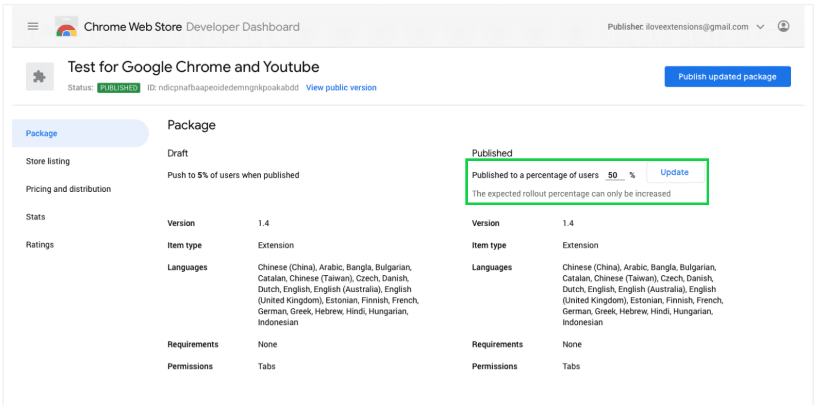 Captura de tela mostrando o campo "Porcentagem de lançamento gradual da atualização da Chrome Web Store"