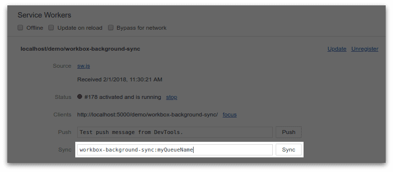 Uno screenshot dell'utilità di sincronizzazione in background nel riquadro dell'applicazione di DevTools di Chrome. L'evento di sincronizzazione è specificato per una coda di "myQueueName" per "workbox-background-sync" in maggior dettaglio più avanti
in questo modulo.